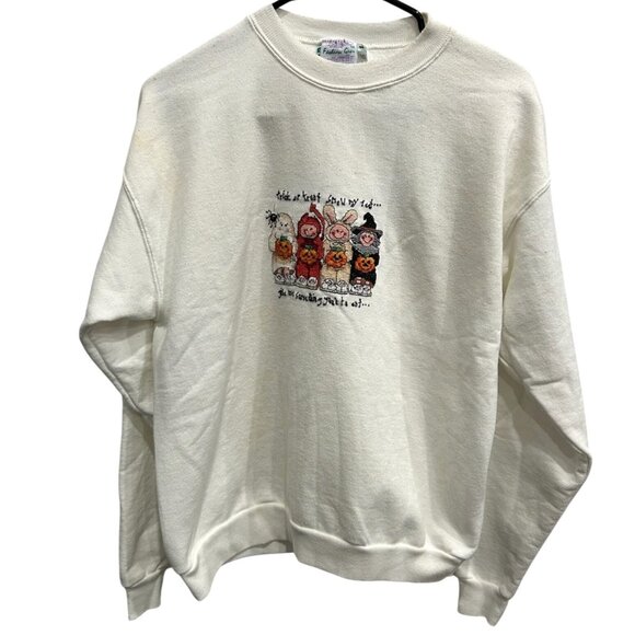Vintage Fashion Gear Halloween Sweatshirt White Crewneck Cross-stitch Sz Large - Picture 1 of 8